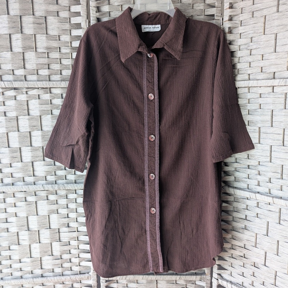 Vtg Button Up Shirt Brown Crinkle Textured Gauze Top Minimalist‎ Lagenlook Boho